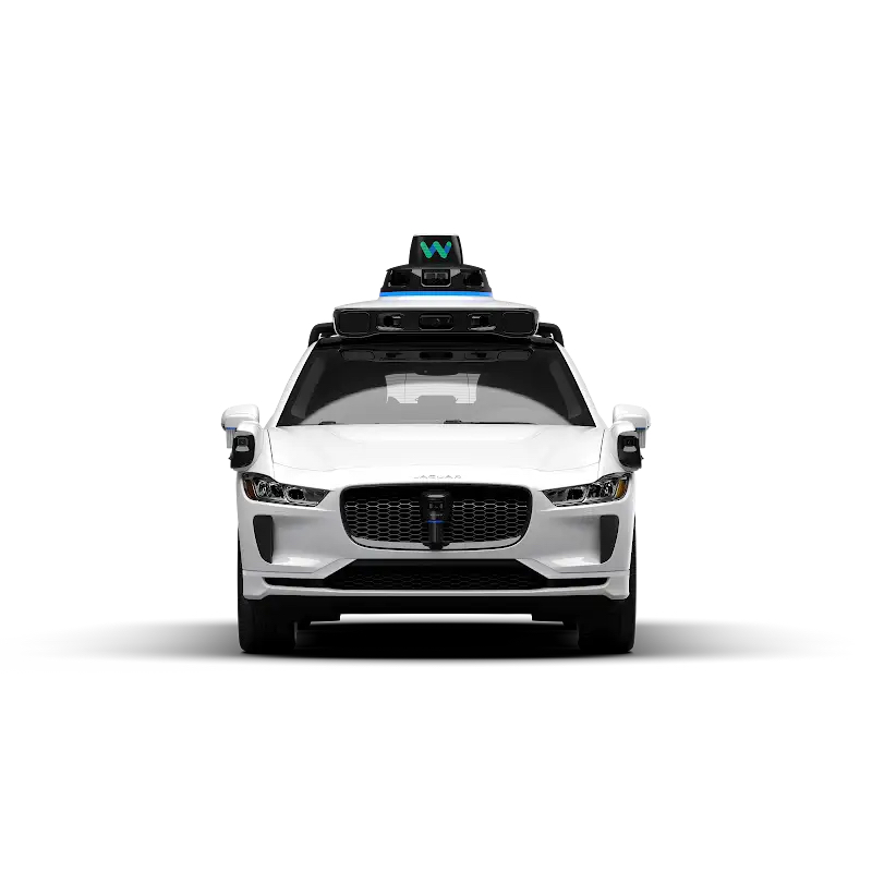 A front view of a Waymo vehicle and its sensor equipment